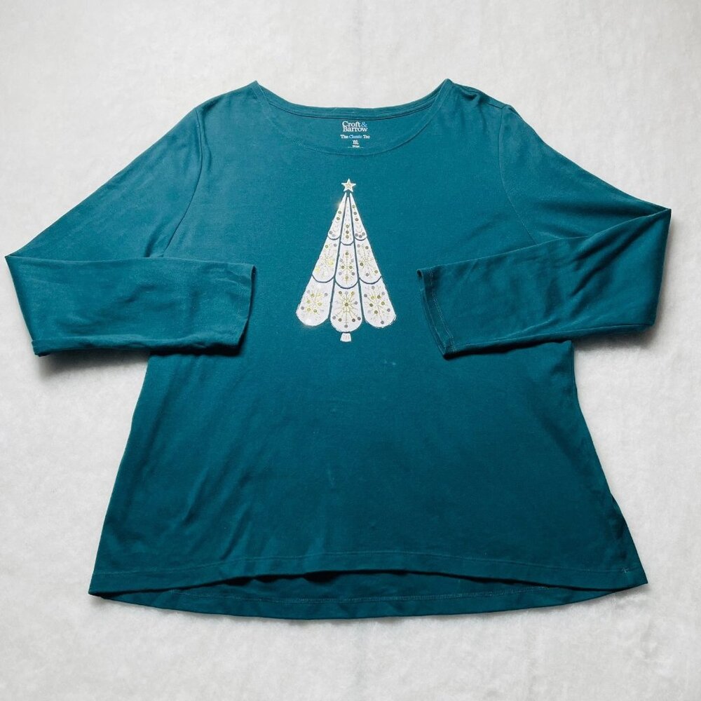 Croft & Barrow Womens Teal Christmas Tree Sequins Detail The Classic Tee Sz 2XL